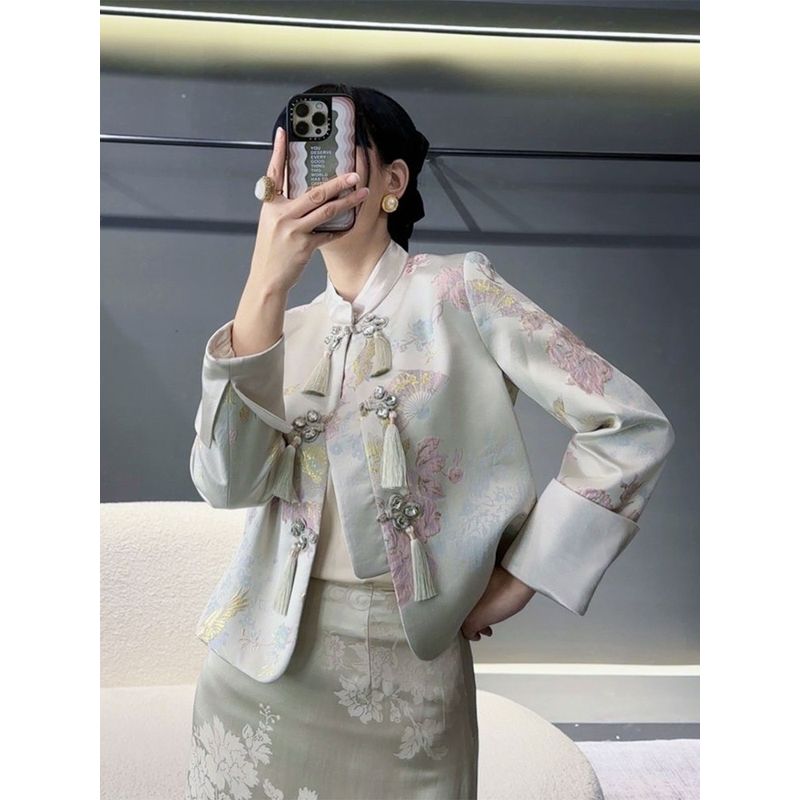 冷淡系高级感名媛气质蓝色新中式国风盘扣流苏改良外套早秋23073