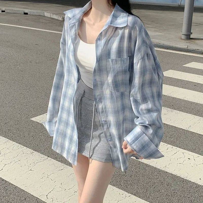 韩系蓝色格子防晒衬衫慵懒休闲新款宽松百搭长袖衬衣上衣外套