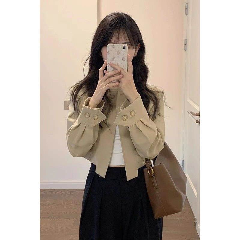 美拉德卡其色短款西装外套女春秋小个子韩系夹克开衫风衣春秋上衣
