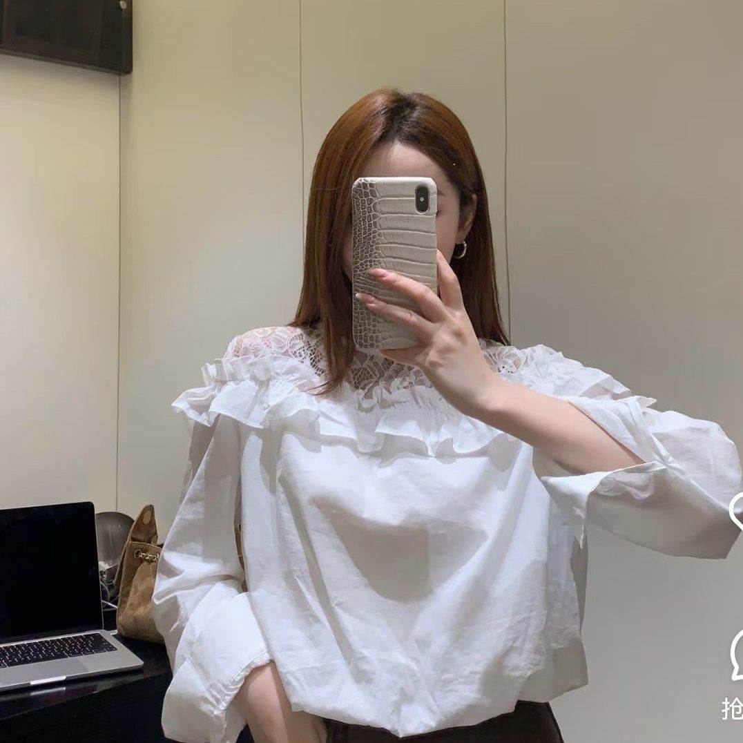 法式心机露肩网纱长袖收腰气质缎面衬衫女百搭拼接上衣