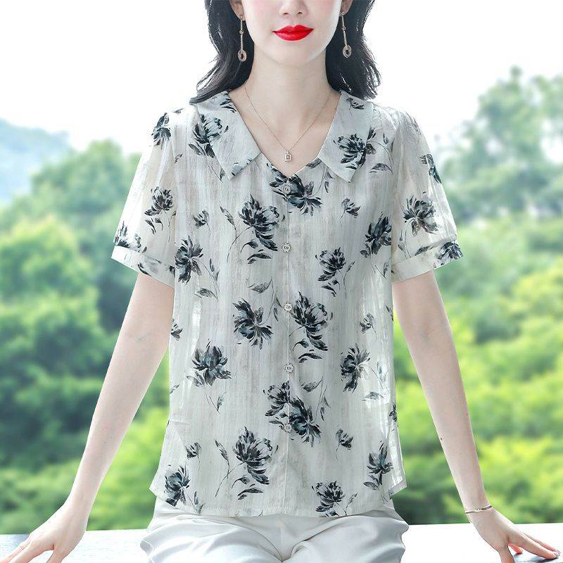 夏季新款短袖印花雪纺衫女洋气领碎花套头上衣气质遮肉套头小衫