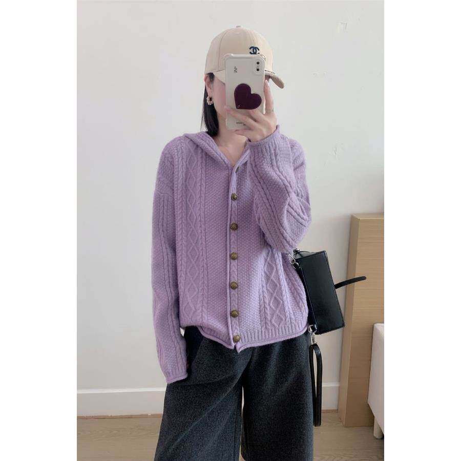 2026新款韩系温柔风浅纯色连帽毛衣开衫女春夏慵懒风麻花针织外套