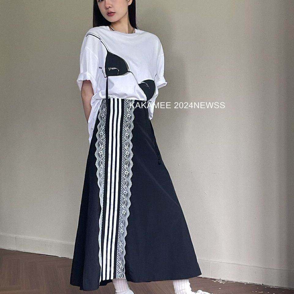 夏季新款三杠运动风蕾丝拼接薄款字半身裙长裙女大码百搭休闲裙