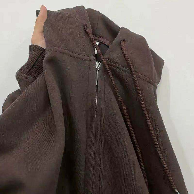 春夏新款复古黑色宽松休闲开衫卫衣女慵懒风简约百搭情侣连帽外套