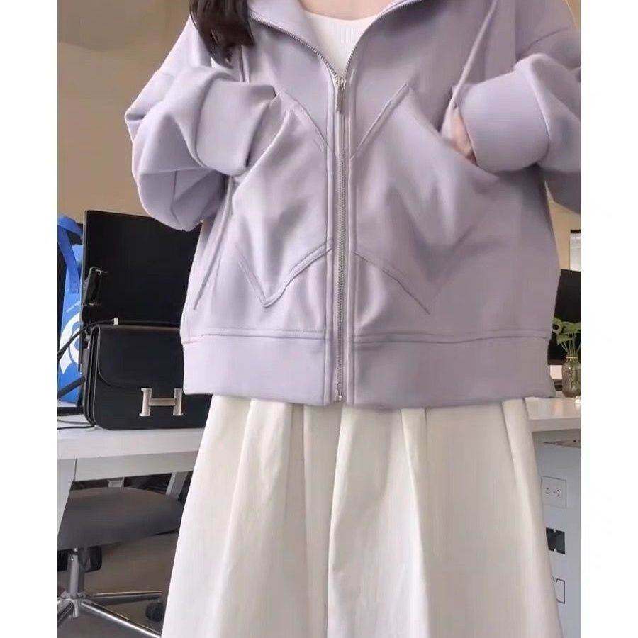浅紫色薄款外套女春秋新款韩版宽松个性口袋短款显高连帽开衫卫衣