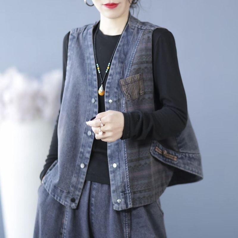 复古贴布印花盘口牛仔马夹女2025秋季新款V领时尚拼色马甲坎肩