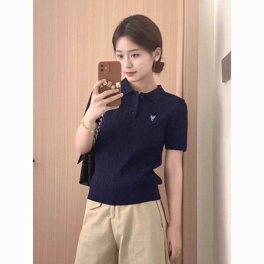 雷朵藏蓝色麻花领刺绣薄款针织短袖恤女夏季冰丝短款上衣