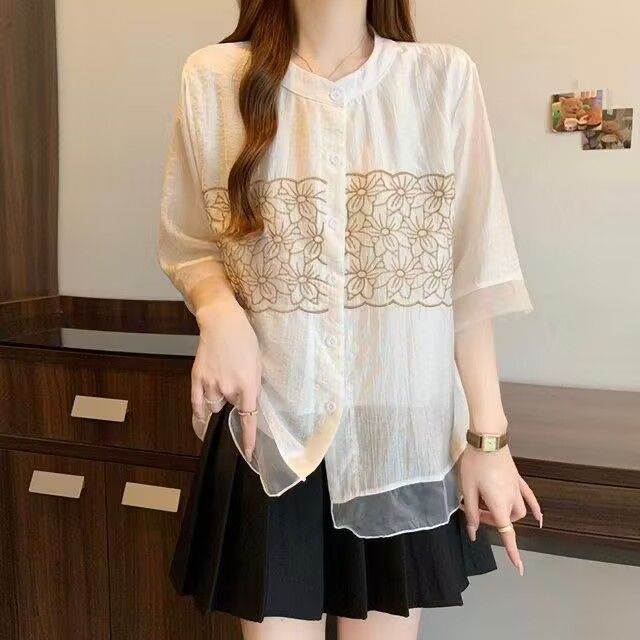 大码女装遮肚子新中式刺绣雪纺衬衫女夏季胖妹妹宽松显瘦减龄上衣