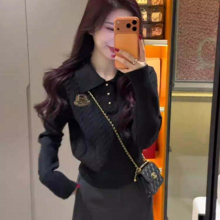 韩系刺绣翻领针织衫女春季新款学院风衫套头麻花百搭打底上衣