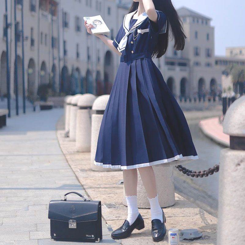 夏季新款日系海军领水手服气质收腰显瘦连衣裙学生中长款百褶裙