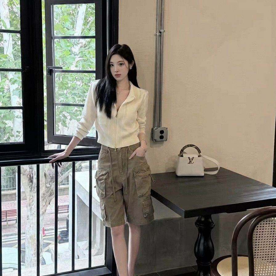 工装短裤女夏季七分美式复古宽松口袋抽绳嘻哈裤子