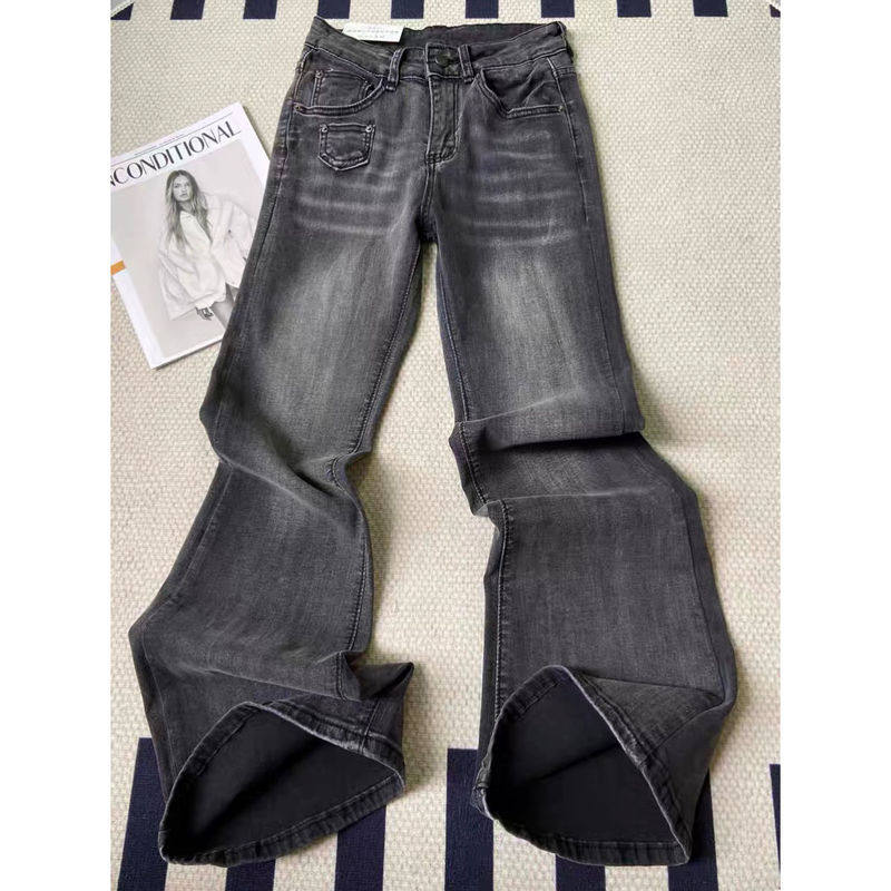 美式复古加长微喇牛仔裤女秋冬新款高腰修身高个子显瘦拖地马蹄裤