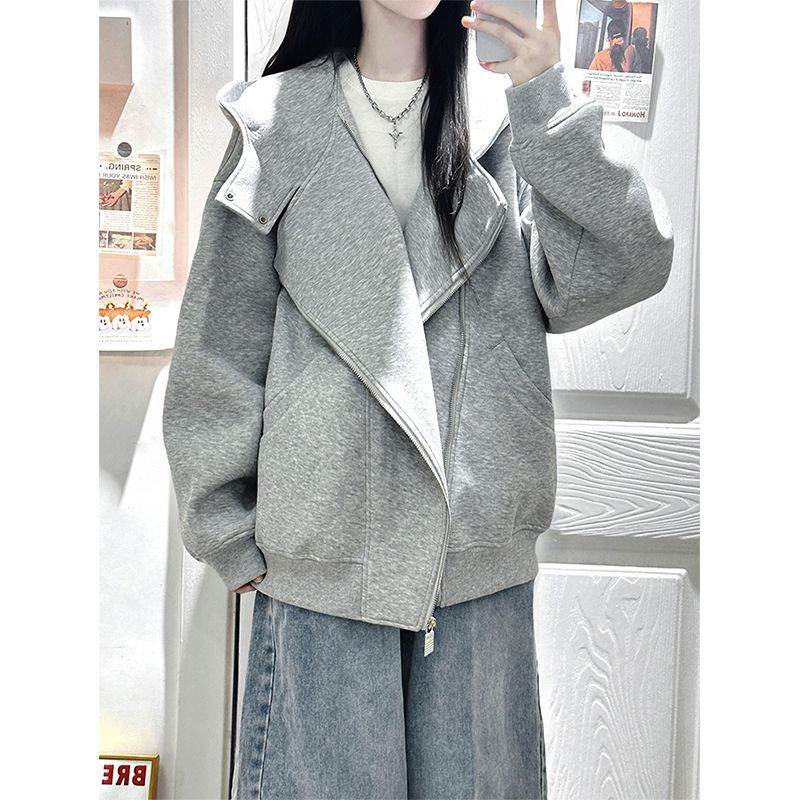 美式灰色连帽卫衣外套女春春季重磅加厚女款开衫春秋穿搭
