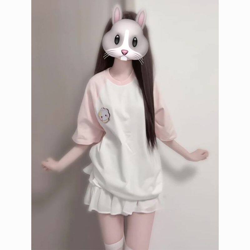 黎帮主 卡通开开魔术贴短袖T恤女夏季新款宽松学院风百搭可爱上衣