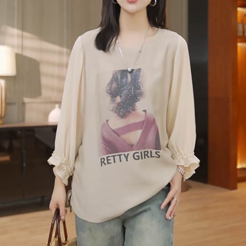 设计师款宽松大码印花钉珠恤女春秋时尚抽绳上衣气质清新雪纺衫