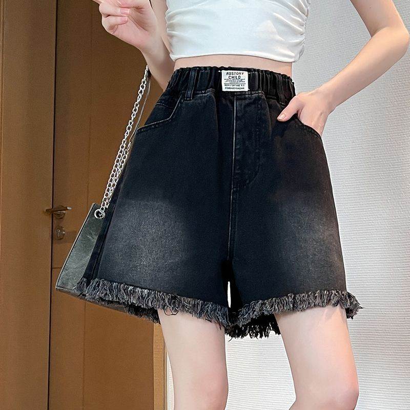 黑色毛边牛仔短裤女宽松紧高腰字阔腿大码胖