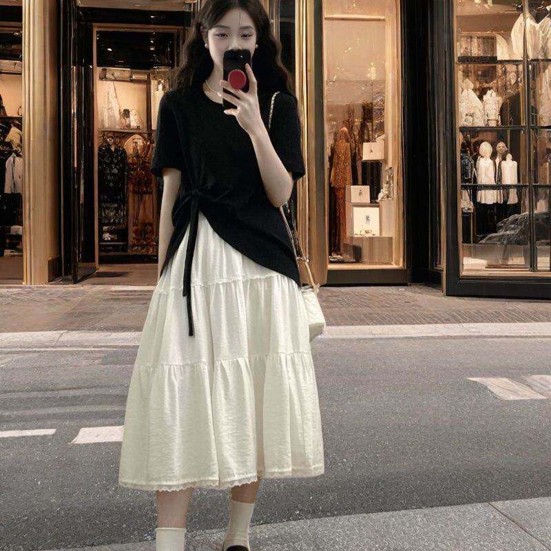 大码女装套装蝴蝶结花边恤宽松蛋糕洋气两件套新款裙子女夏季