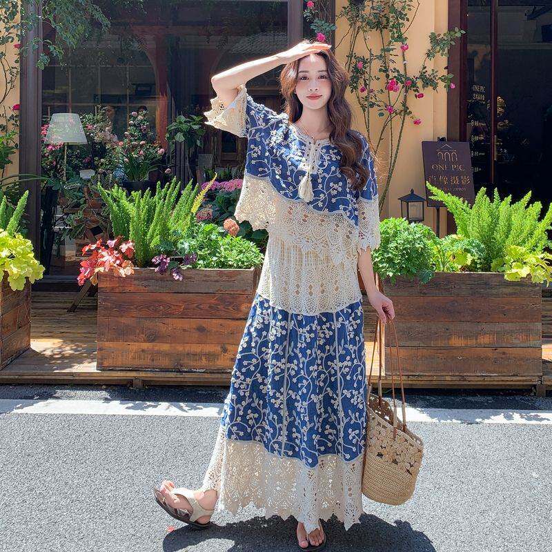 民族风刺绣拼接镂空上衣半身裙套装女夏季独特漂亮一整套超火穿搭