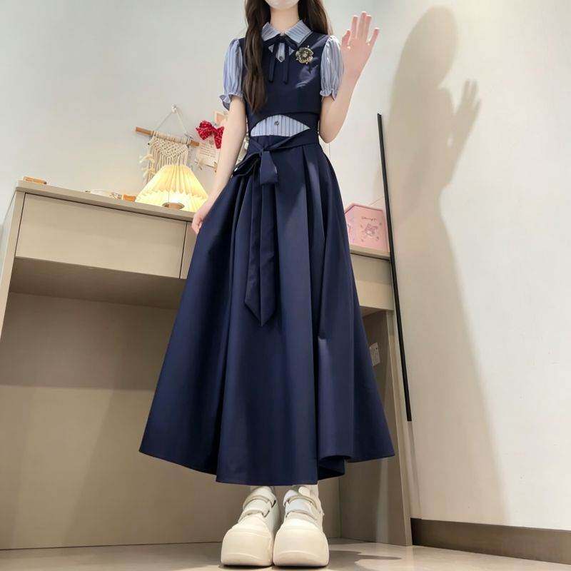条纹假两件少女衬衫连衣裙女大童夏季中学生学院风领过膝裙子