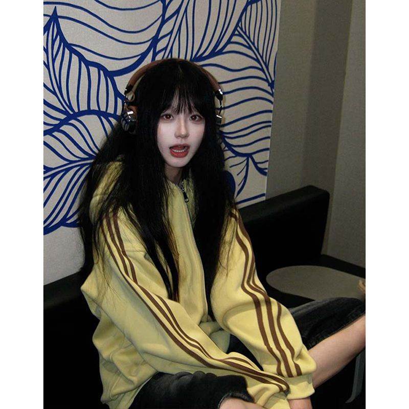 美式嘻哈复古慵懒风耳朵连帽卫衣女春夏加绒加厚宽松条纹开衫外套