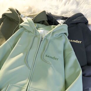 2025新款百搭简约秋冬慵懒加绒加厚连帽卫衣外套男女宽松拉链开衫