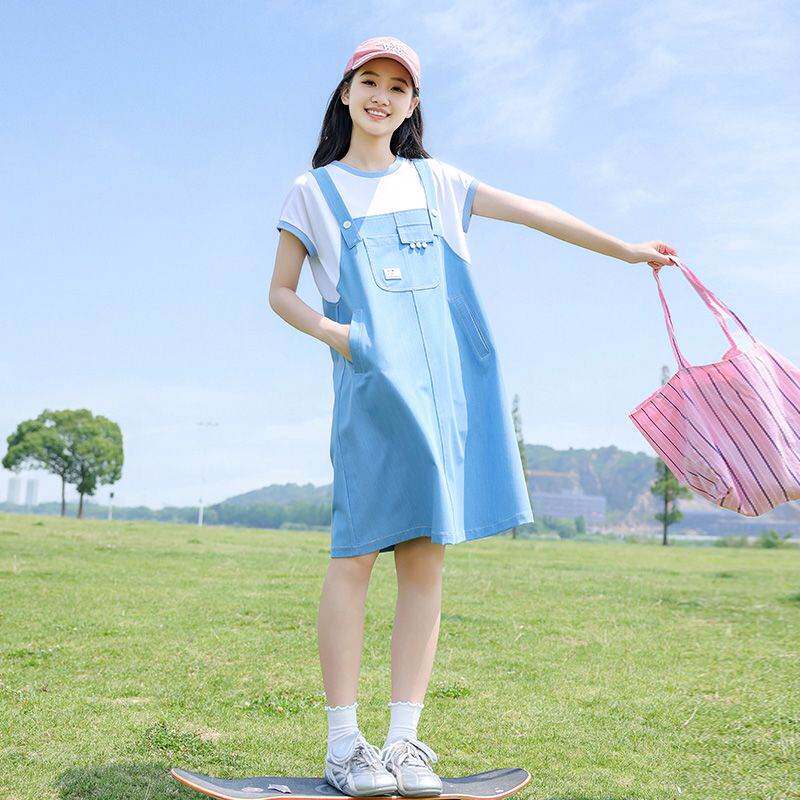 初中生假两件背带裙夏装2026新款少女宽松洋气高中学生牛仔连衣裙