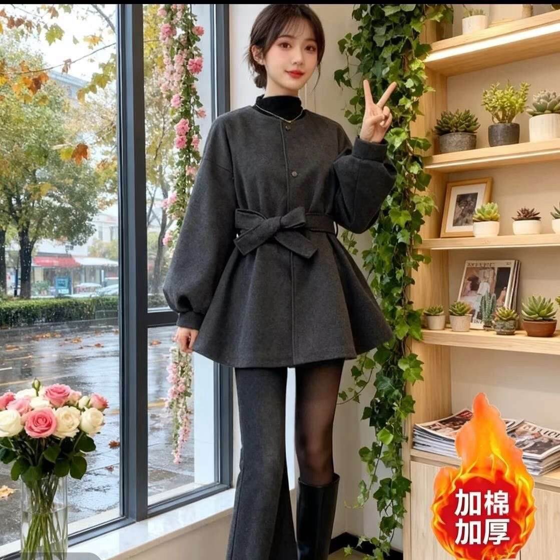 春秋时尚呢子大衣加棉保暖毛呢气质外套小个子百搭收腰系带显瘦