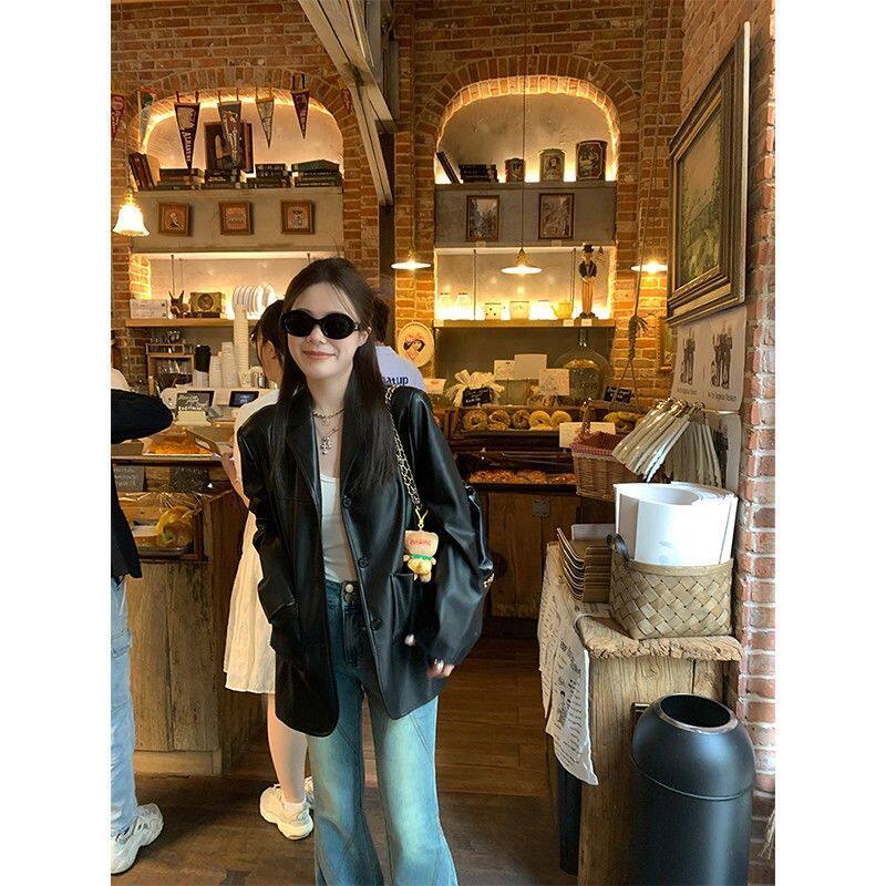 黑色复古休闲皮衣外套女秋韩系设计感西装机车服高街时尚pu小西服