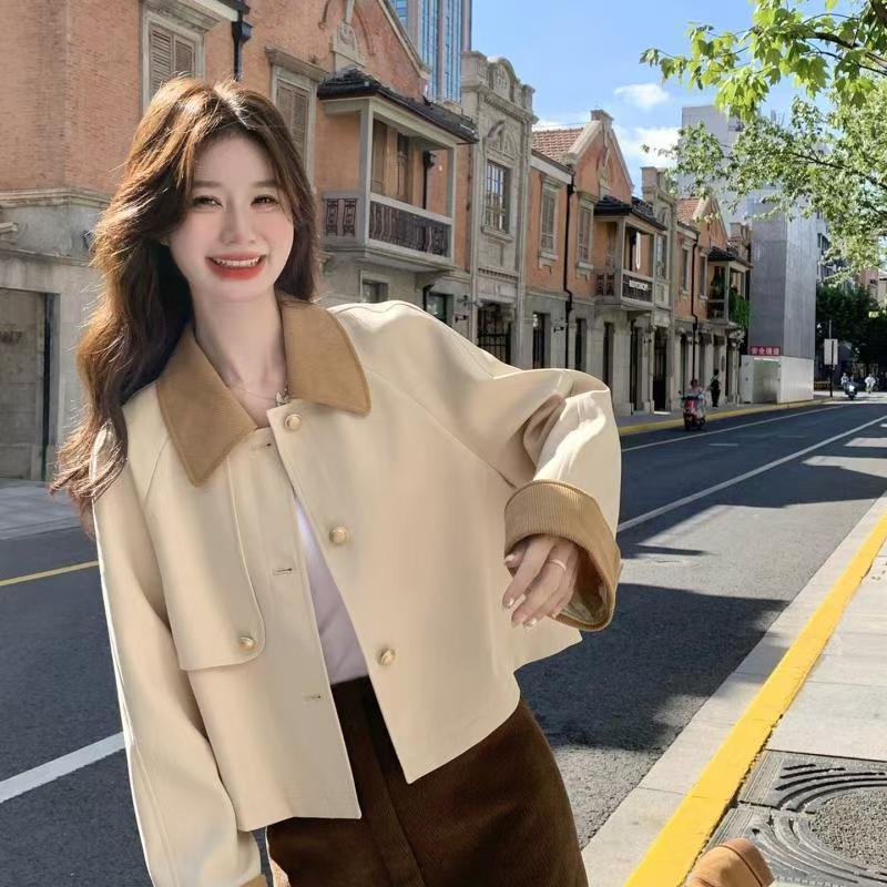 米杏色俏皮减龄拼色翻领外套女2025早春秋韩系甜酷时尚百搭短夹克