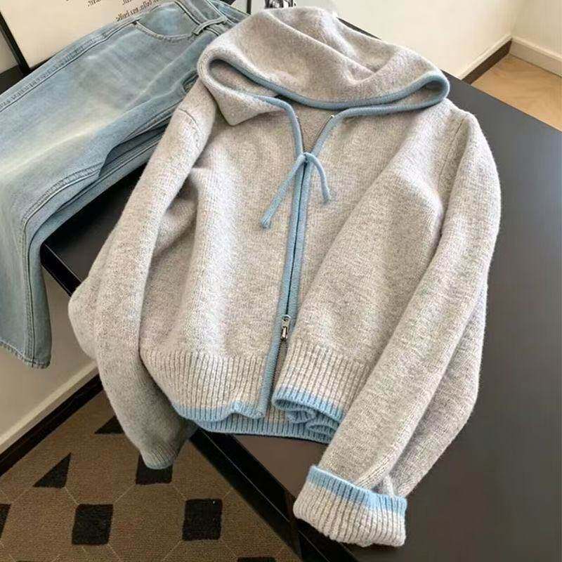 韩系撞色包边连帽针织衫女短款高腰拉链开衫慵懒风毛衣外套