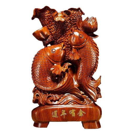 花梨木雕年年有鱼摆件实木质家居客厅电视柜荷叶鱼装饰雕刻工艺品