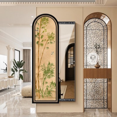 中古风隐藏式全身镜装饰画复古玄关挂画可推拉关闭遮挡暗藏穿衣镜