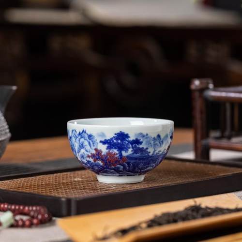 景德镇七丞堂仿古泥青花清流胜境山水陶瓷纯手工鸡心杯主人杯茶具