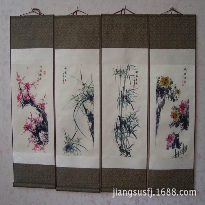 家居装饰工笔四条屏梅兰竹菊四君子丝绸画 卷轴成套国画T03