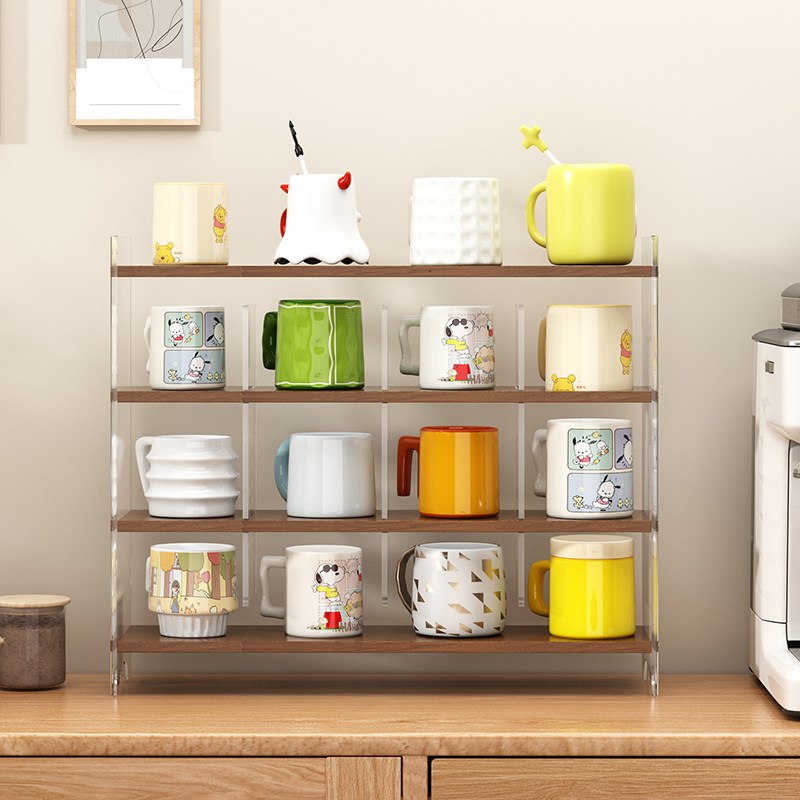 亚克力杯子收纳架桌面水杯茶杯马克杯咖啡杯多层杯架实木置物架