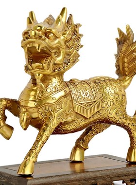 纯黄铜麒麟摆件大号一对火麒麟招财镇宅送子客厅办公室家居摆设