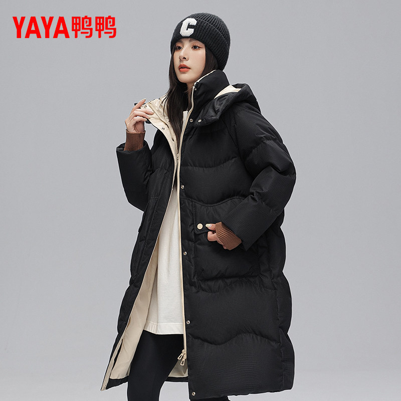 鸭鸭中长款连帽羽绒服女2025冬季新款韩版宽松加厚保暖羽绒外套