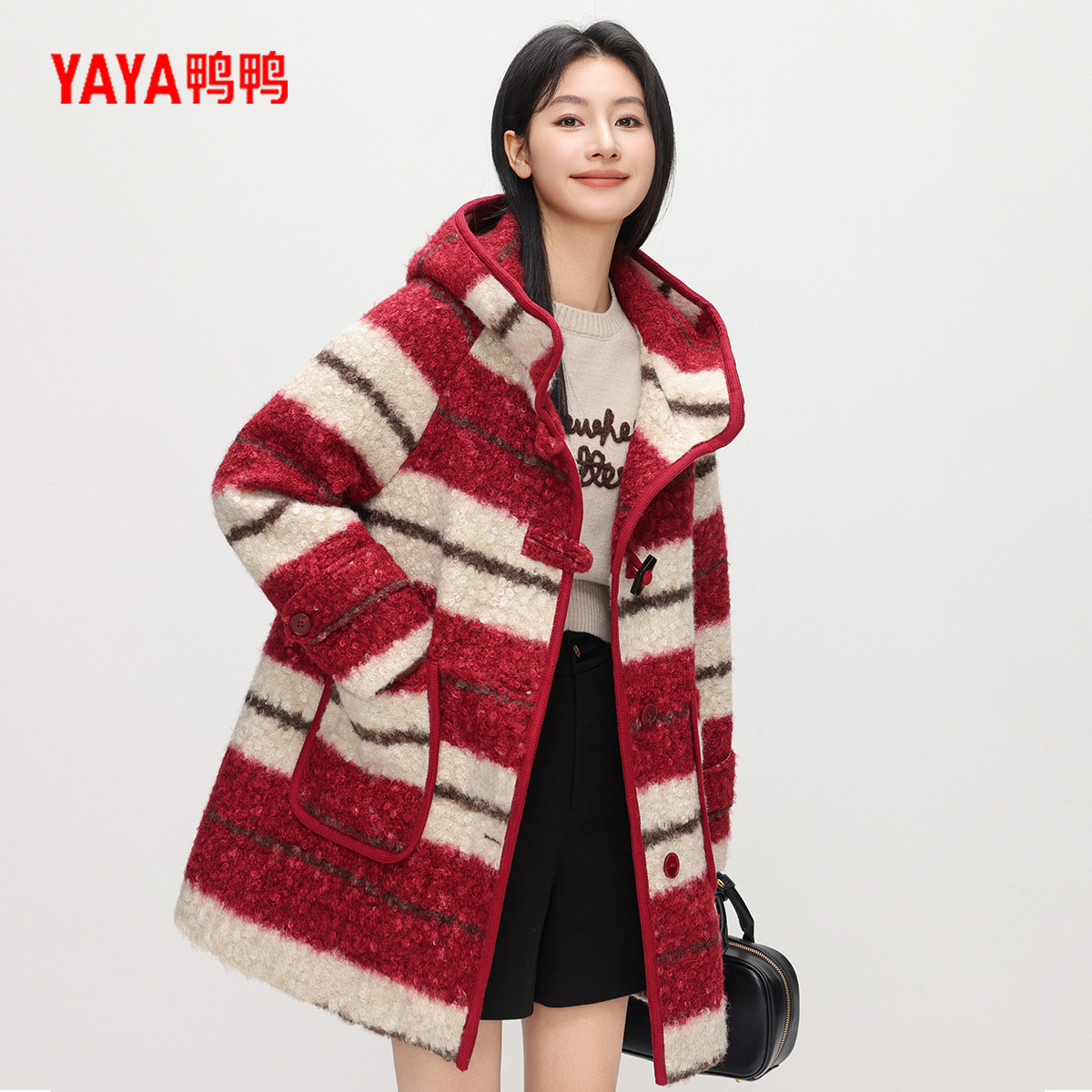 鸭鸭中长款羽绒服女款立领连帽秋冬修身时尚百搭修身加厚保暖外套