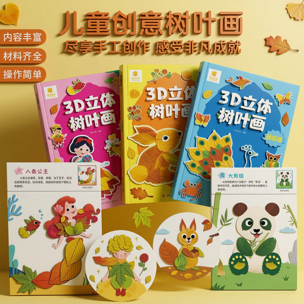 3D立体创意树叶画 手工树叶贴画萌趣童话儿童手工DIY作业创意涂色大画本幼儿园小学生画画本涂色画涂鸦创意涂色本线描画节日节气篇