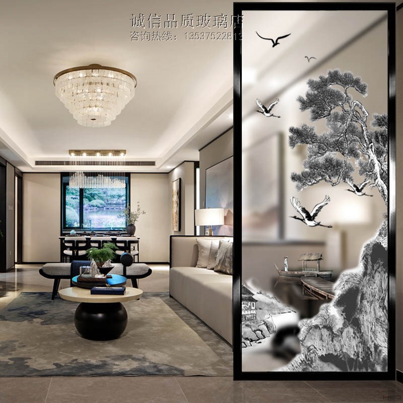 艺术玻璃定制钢化玄关电视背景墙屏风隔断磨砂透光高山流水迎客松