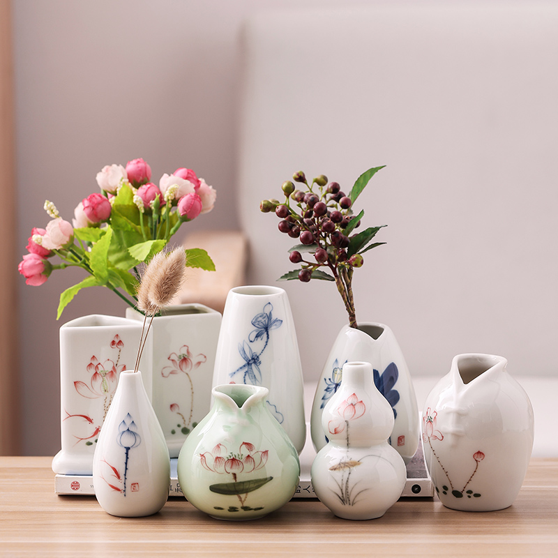 青瓷手绘小花瓶茶桌装饰插花绿萝水培花器摆件陶瓷创意迷你小瓷瓶