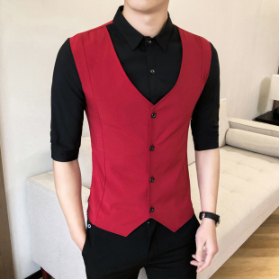 马甲衬衫假两件套男款七分袖夏季酒吧工作服装KTV中短袖衬衣背心