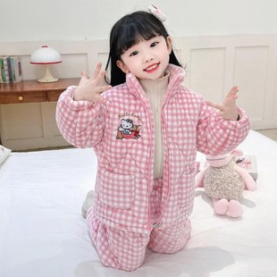 女童三层夹棉睡衣冬季加厚法兰绒女宝宝格子珊瑚绒立领儿童家居服