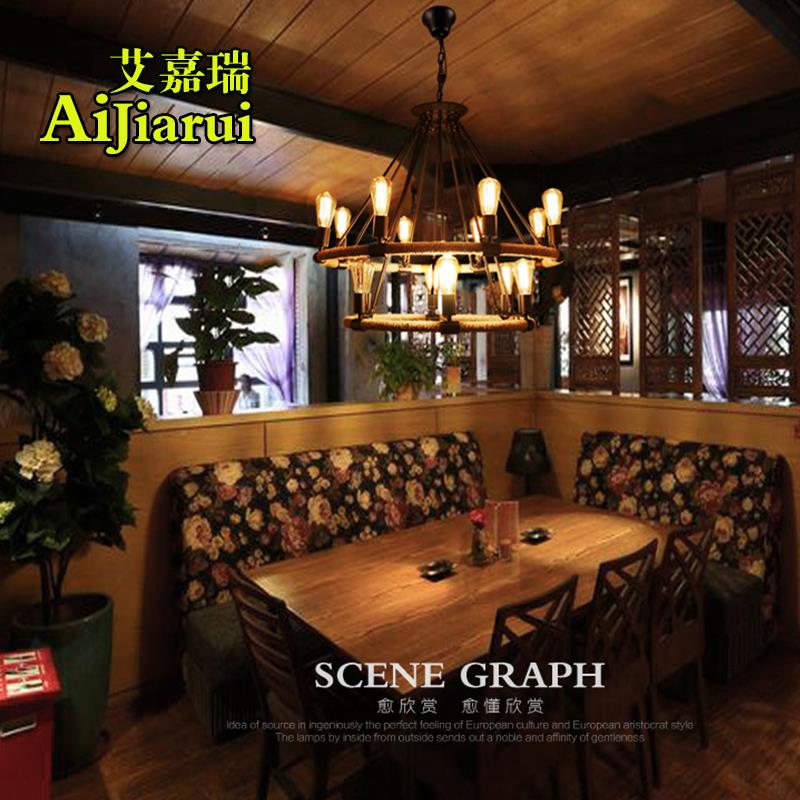 loft乡村工业欧式麻绳创意吊灯餐厅复古咖啡馆吧台铁艺圆形美式灯