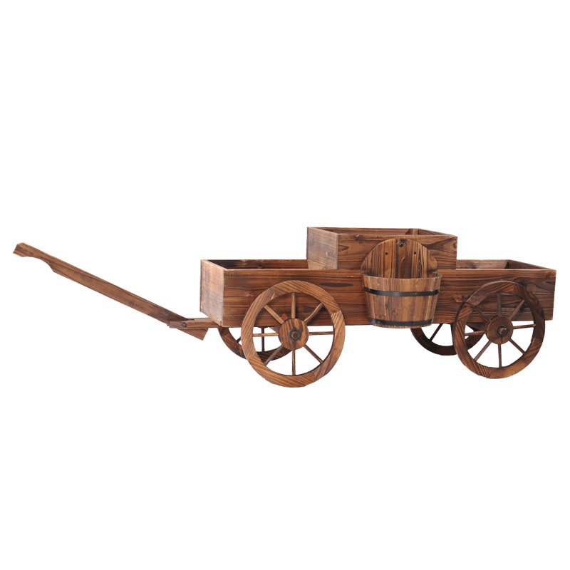 四轮花车木质花槽碳化防腐木花架户外景观园艺个性特色花盆种菜盆