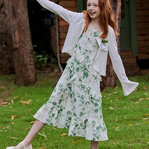 mpeng女童绿色碎花吊带连衣裙法式小众高级感度假风气质公主仙女