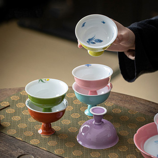 手绘茶杯高足粉色主人杯单杯女品茗杯单个茶碗陶瓷大号茶盏品茗杯