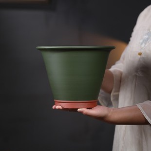 清香阁紫砂绿泥粉浆手工斗笠花盆室内阳台绿植桌面兰花君子兰花器