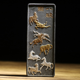 老松烟80年胡开文老墨厂八骏图细节品相好书法书画文房墨条收藏