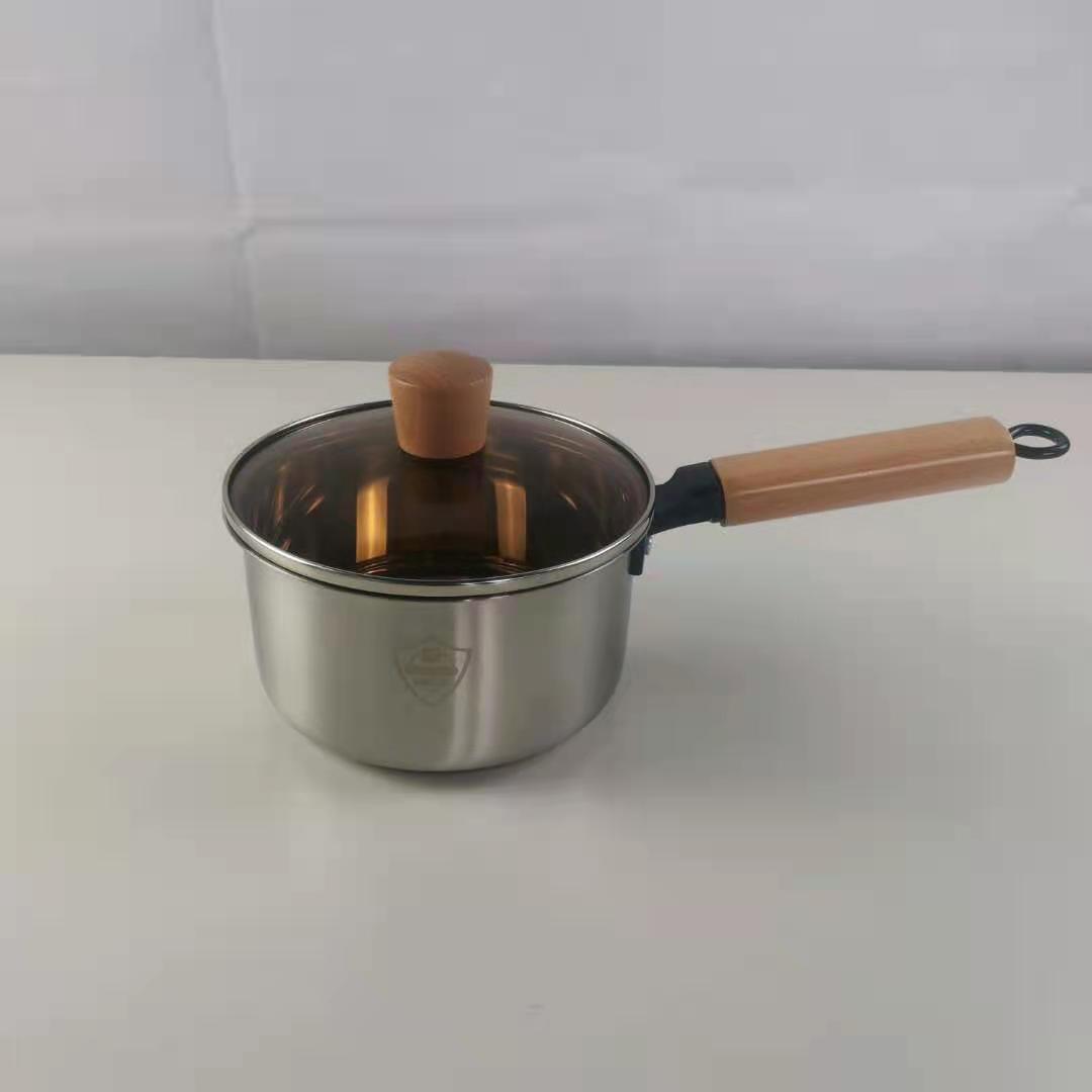 国风实木柄奶锅加厚复底不锈钢防烫热牛奶天燃气电磁炉两用16CM